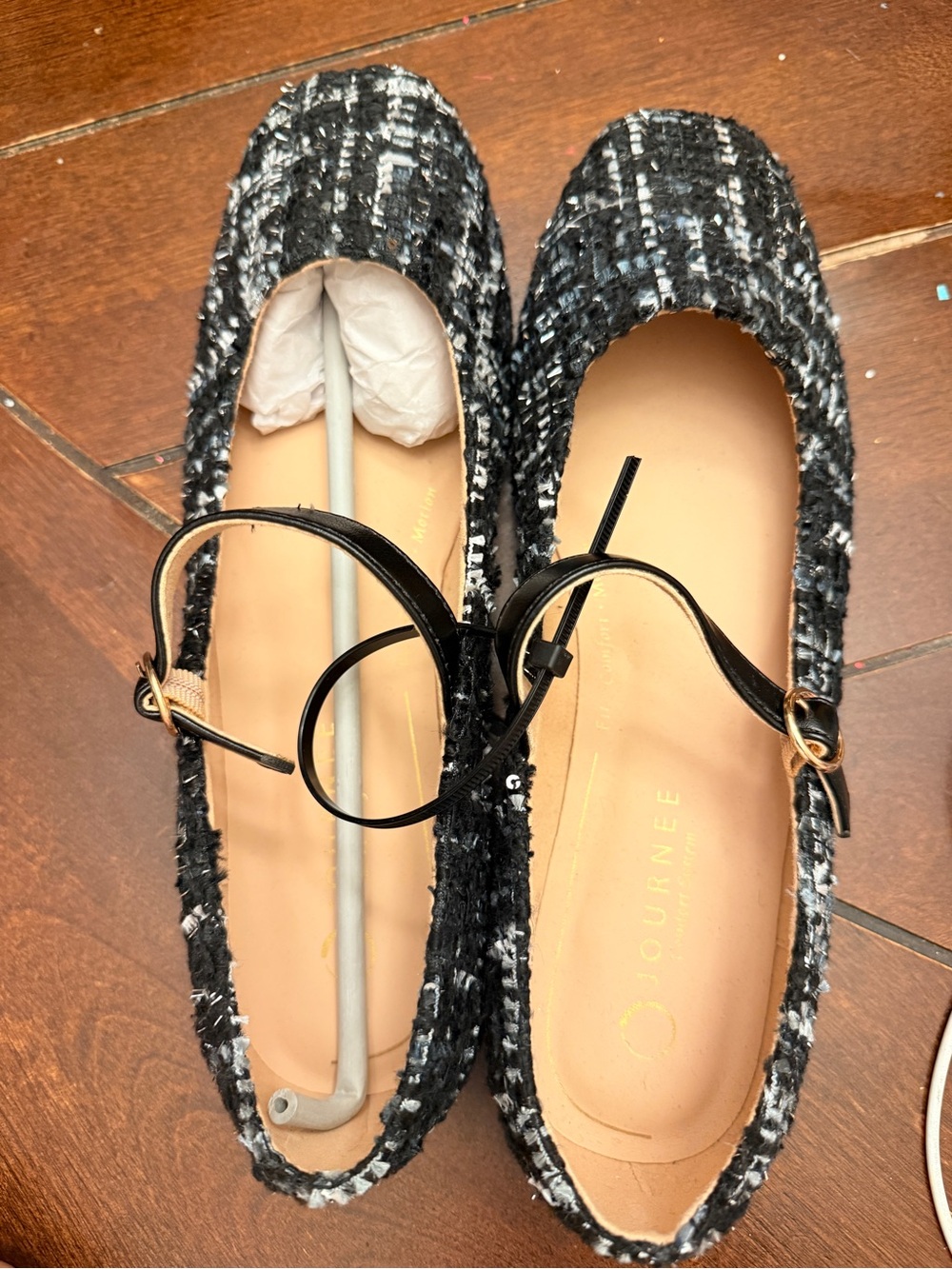 Journee Collection Black & White Tweed Ballet Flats with Ankle Strap